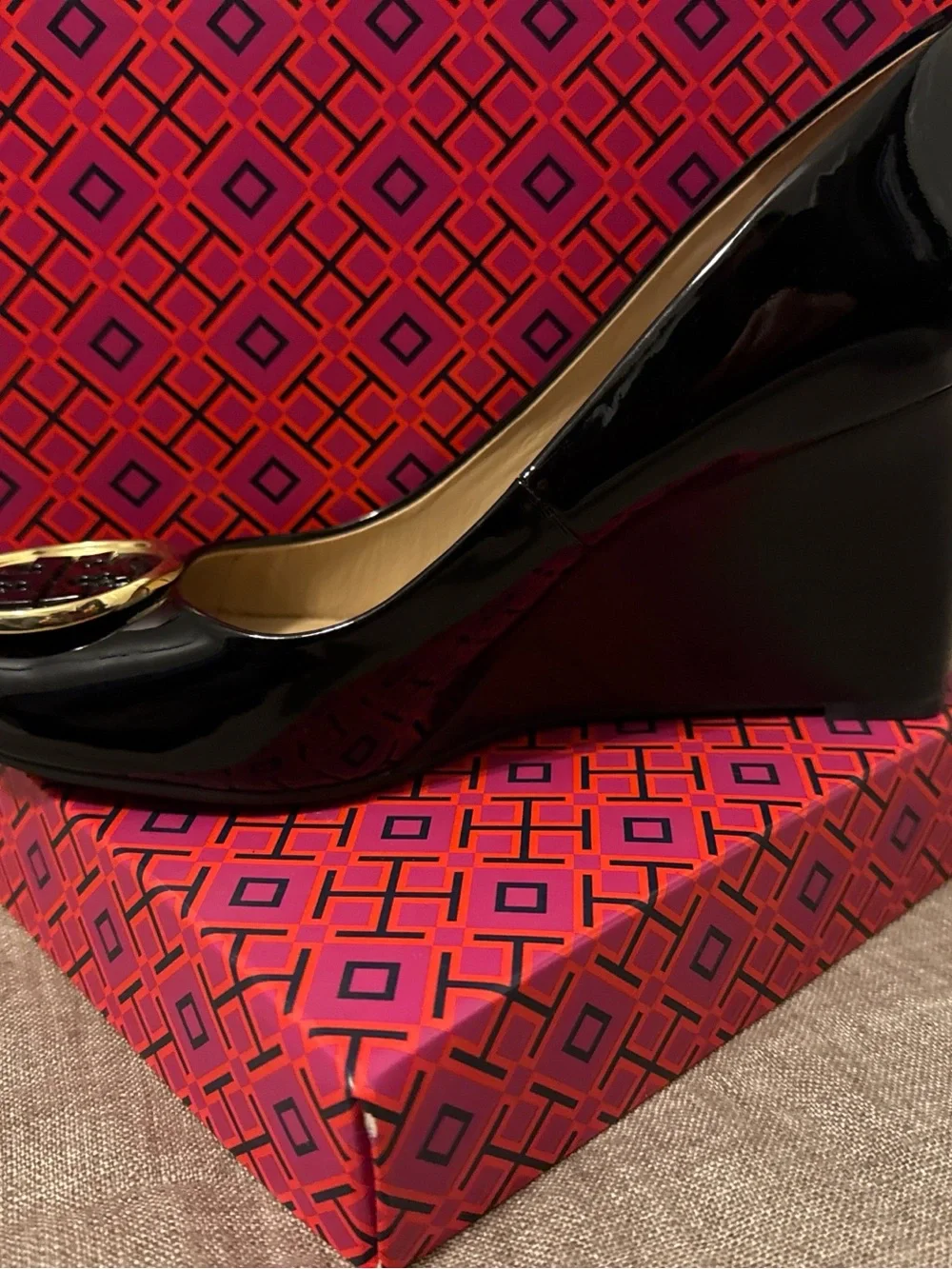 Tory Burch Black Patent Logo Round-Toe Heels with Gold Trim